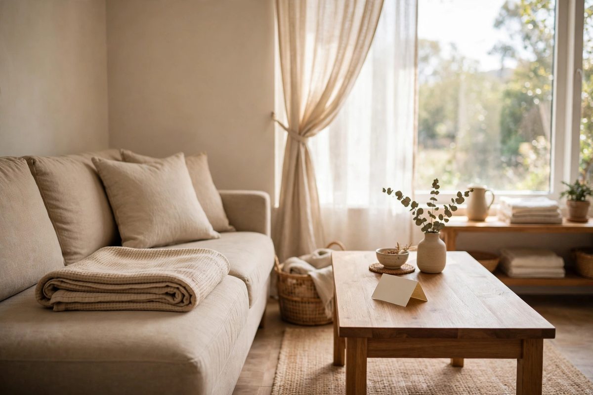 A tidy short-stay living room with a folded note card on the table