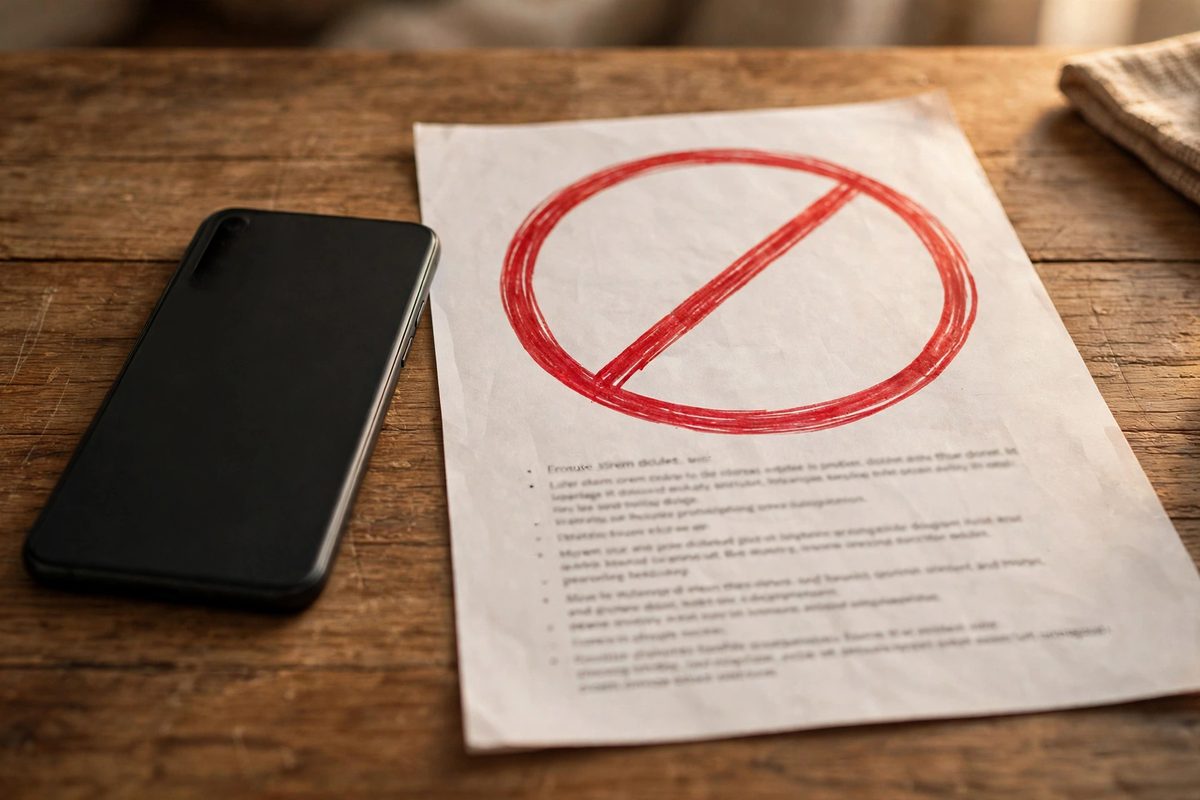 A traveler photographing a checkout instruction card left on a kitchen counter