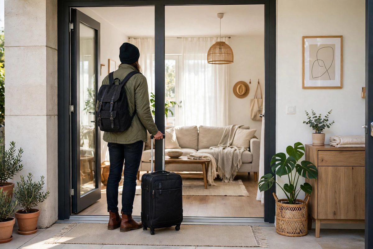 A packed suitcase by the door of a tidy rental on checkout morning