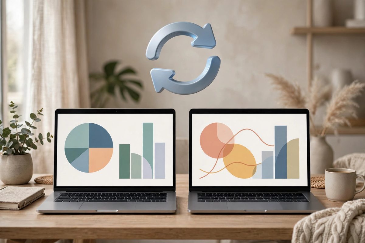 Arrows showing data syncing between a dashboard and multiple listings