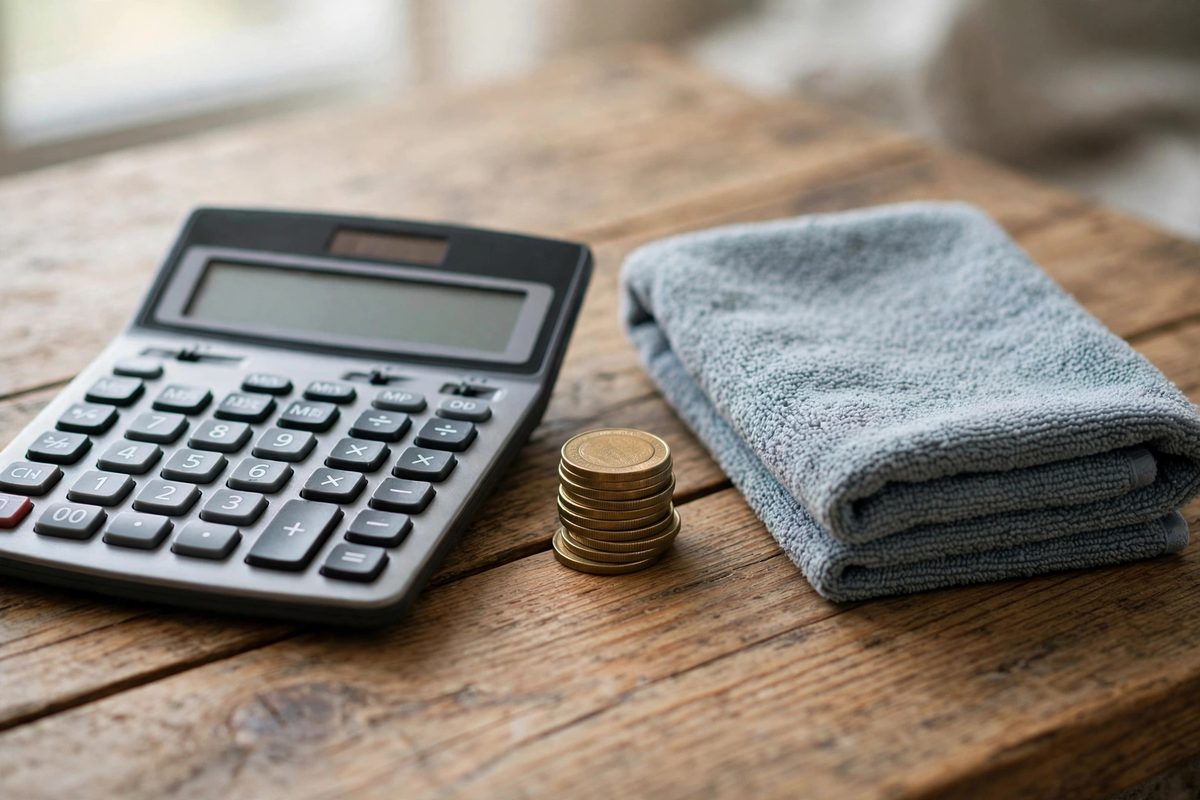 A calculator beside folded linens and cleaning supplies