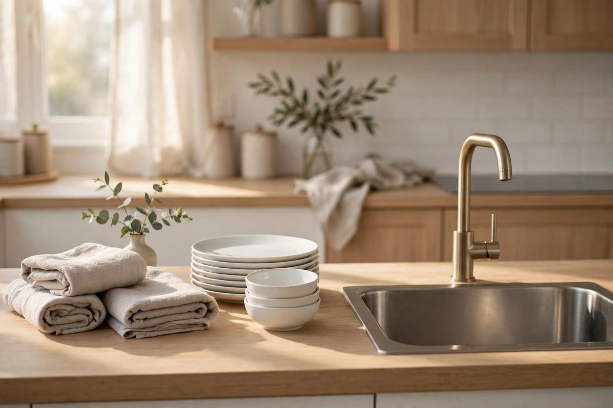 A kitchen sink with used dishes waiting beside a stack of folded towels